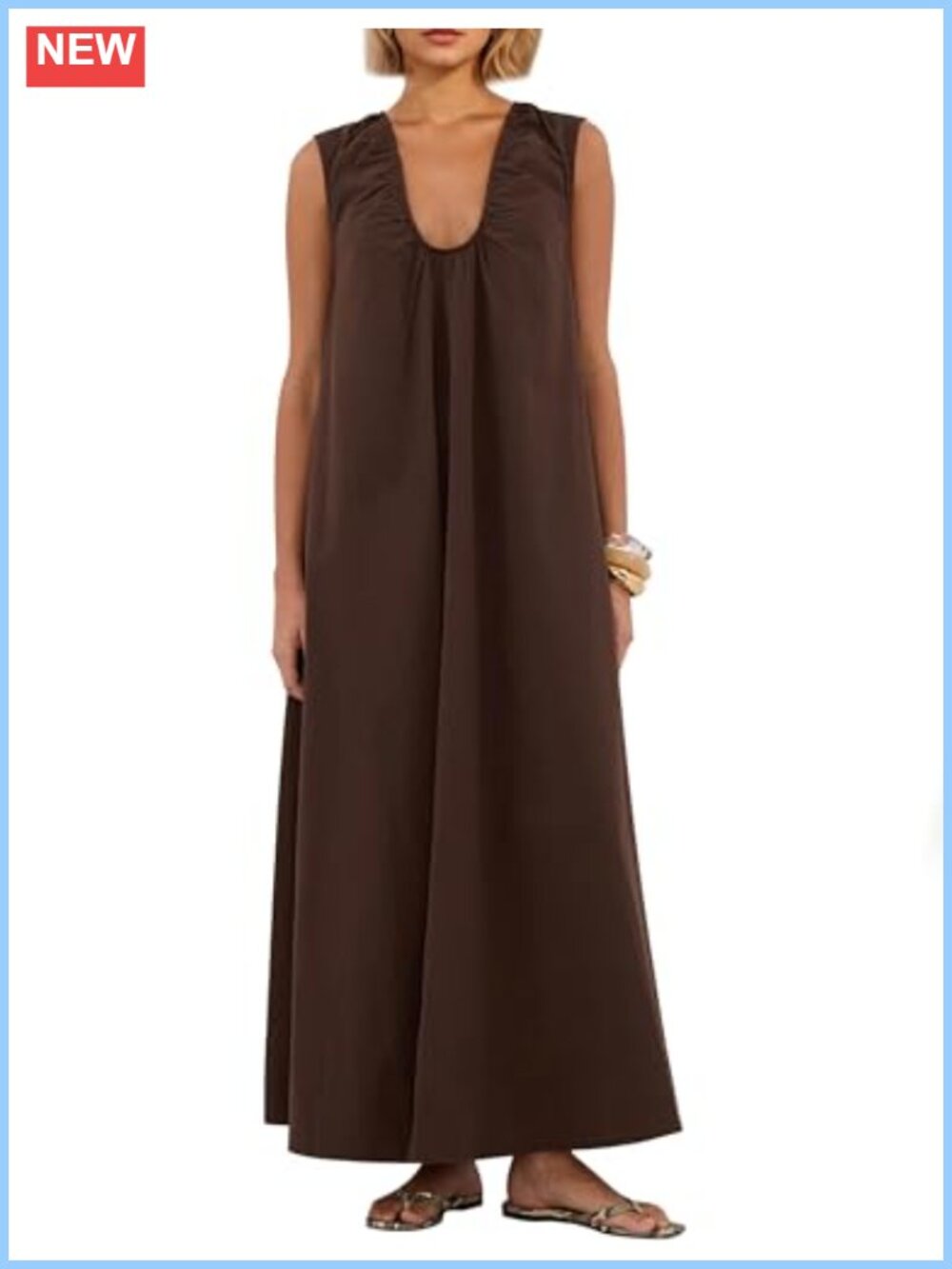 Sleeveless Ruched Maxi Dress Scoop Neck Wide Strap with Side Pockets